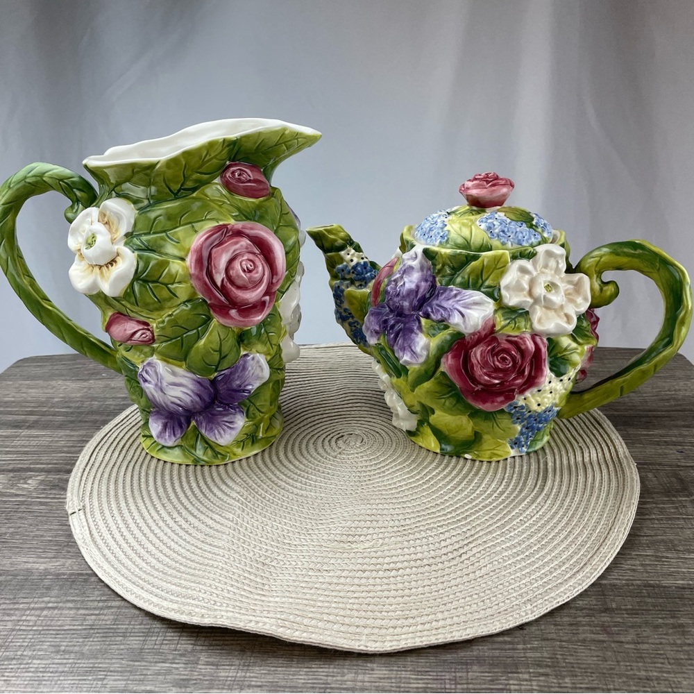 Ceramic Plant/Flower Themed Teapot & Pitcher Spring Summer Decor Homedecor